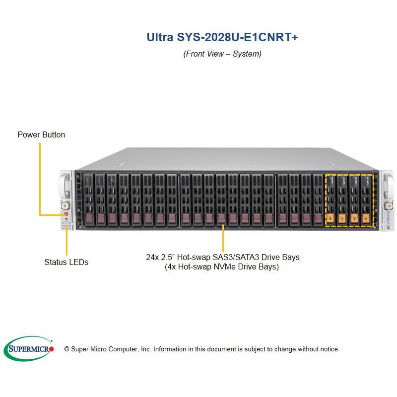 Server Rackmount 2U for 2x Intel Xeon processor E5-2600 v4/v3 families, 1.5TB DDR4 LRDIMM, SATA3, IPMI, 2x 10GBase-T LAN, VGA, 24x 2.5in Hot-swap HDD bays (Default 4x NVMe ports), Redundant 80+ Titanium Power Supply