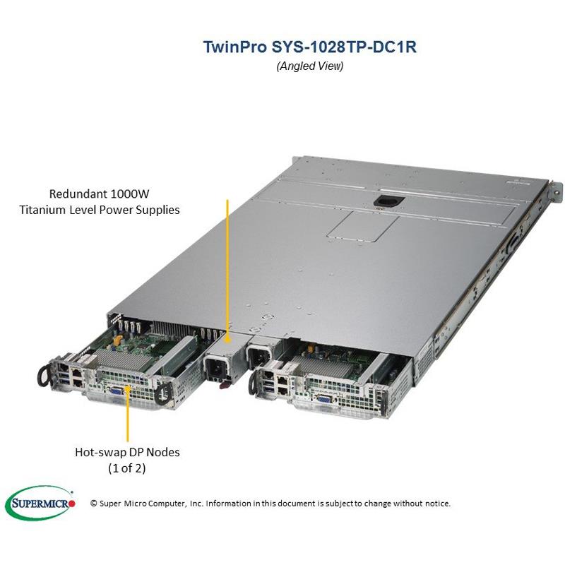 Server Barebone 1U TwinPro with Two DP Nodes - Per Node : Dual Intel Xeon E5-2600 v4/v3 Sockets, supporting up to 2TB DDR4 ECC 3DS LRDIMM, up to 2400MHz in 16x 288-pin slots