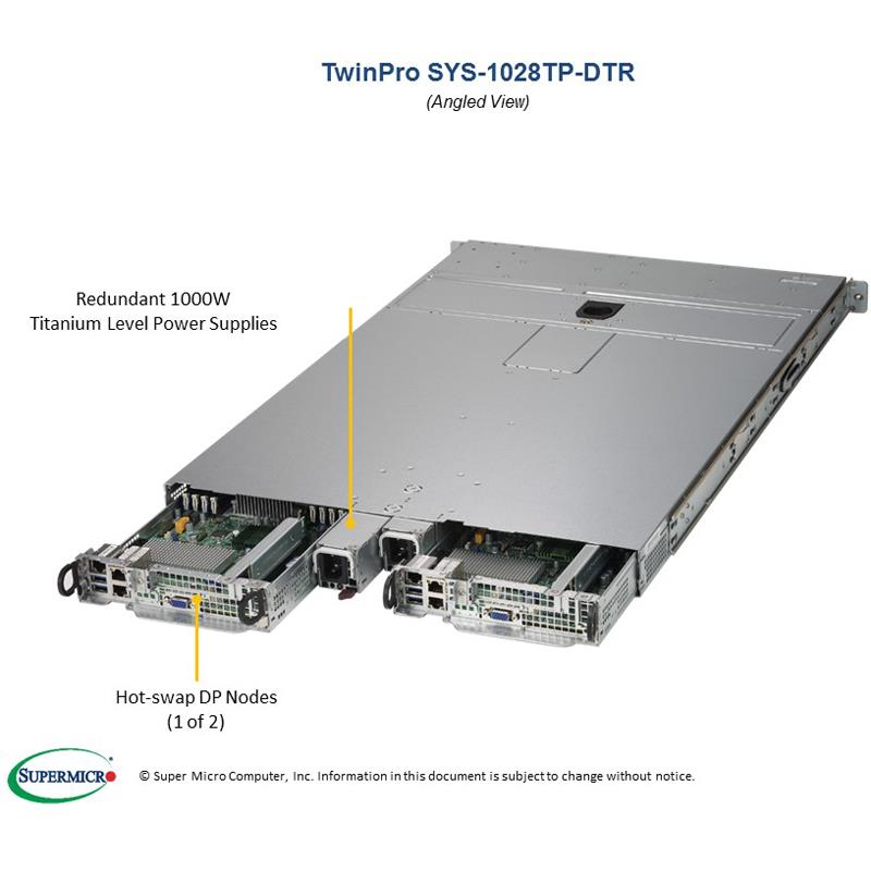 Server Barebone 1U TwinPro with Two DP Nodes - Per Node : Dual Intel Xeon E5-2600 v4/v3 Sockets, supporting up to 2TB DDR4 ECC 3DS LRDIMM, up to 2400MHz in 16x 288-pin slots