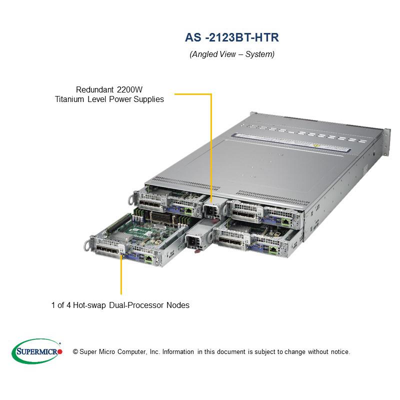 Barebone 2U Rack Server Socket-SP3 for Dual AMD EPYC 7000-Series Processors, 4x hot-pluggable systems (Nodes). Each node supports up to 2TB DDR4 Registered ECC 2666Mhz SDRAM in 16 DIMM slots