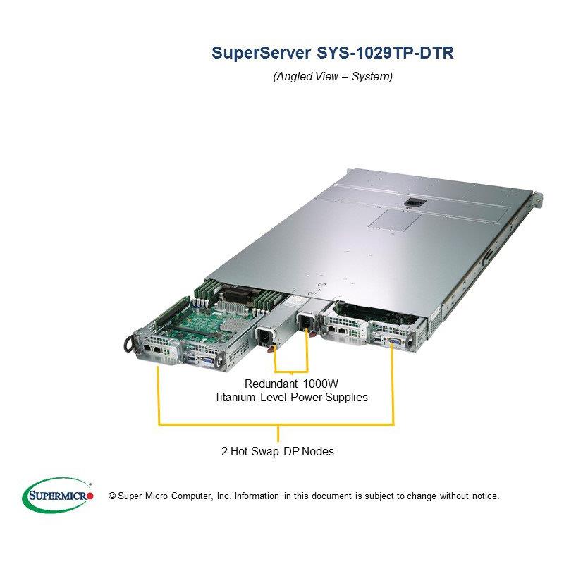 Barebone 1U Rackmount SuperServer TwinPro with 2 Hot-Pluggable Nodes. Each node supports dual Intel Xeon Scalable Processors Gen. 2, Intel C621 chipset, Up to 4TB DDR4 ECC 2933MHz memory, 4 Hot-swap 2.5in SATA3 drive Bays
