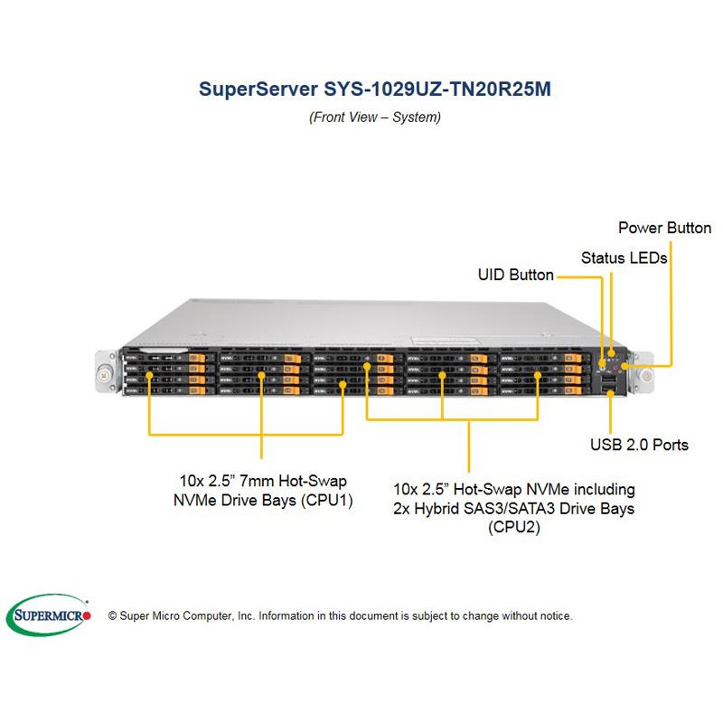 Barebone 1U Rackmount SuperServer,  Dual Intel Xeon Scalable Processors Gen. 2, Intel C621 chipset, Up to 6TB DDR4 ECC 2933MHz memory, 20 Hot-swap 2.5in drive Bays (8 NVMe + 2 SAS/SATA3/NVMe hybrid) + 10 NVMe, Dual 25GbE SFP28 --- Complete System Only (Must Include CPU, MEM, HDD)