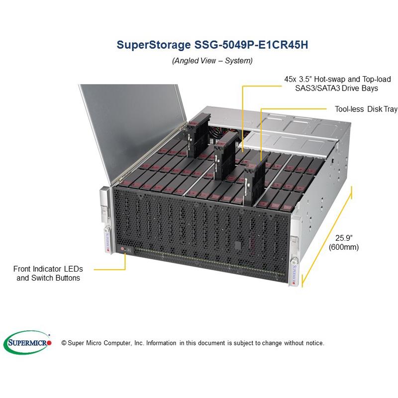 Barebone 4U Rackmount SuperServer, Single Intel Xeon Scalable Processors Gen. 2, Intel C621 chipset, Up to 2TB DDR4 ECC 2933MHz memory, Broadcom 3108 SAS3, HW RAID, 45 Hot-swap 3.5in drive bays --- Complete System Only (Must Include CPU, MEM and HDD)