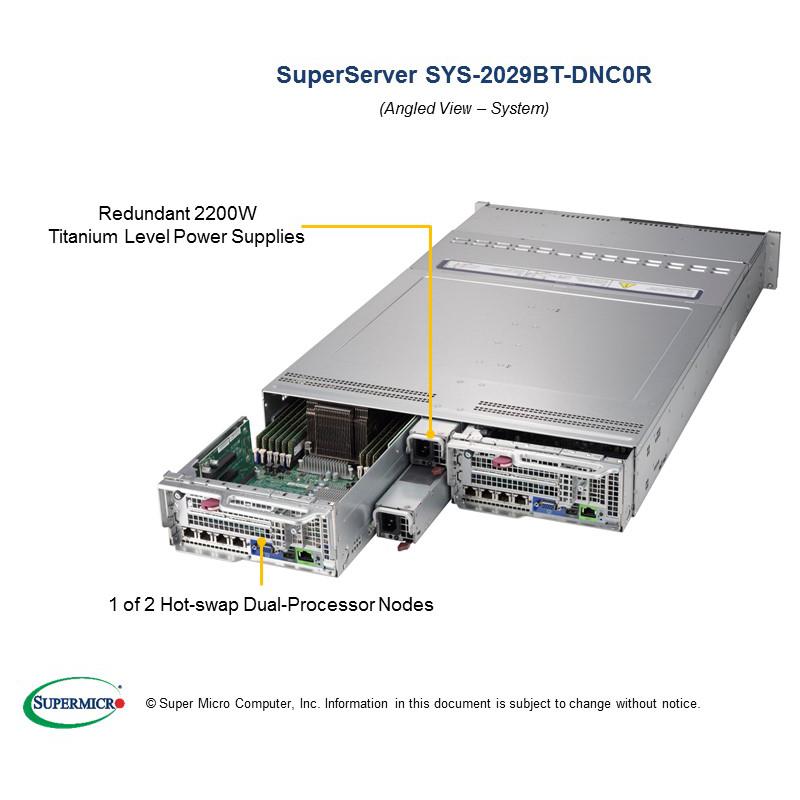 Barebone 2U Rackmount SuperServer, 2 Hot-pluggable nodes, Each node supports Dual Intel Xeon Scalable Processors, Intel C621 chipset, Up to 3TB DDR4 ECC 2666Mhz memory --- Complete System Only (Must Include CPU, MEM, HDD and one SIOM card)