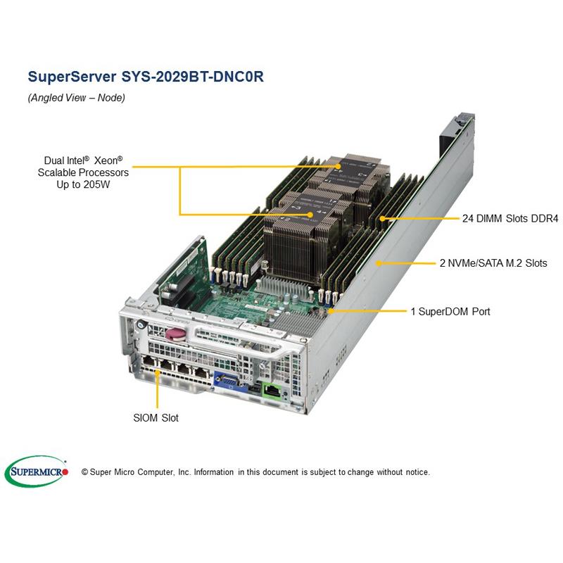 Barebone 2U Rackmount SuperServer, 2 Hot-pluggable nodes, Each node supports Dual Intel Xeon Scalable Processors, Intel C621 chipset, Up to 3TB DDR4 ECC 2666Mhz memory --- Complete System Only (Must Include CPU, MEM, HDD and one SIOM card)