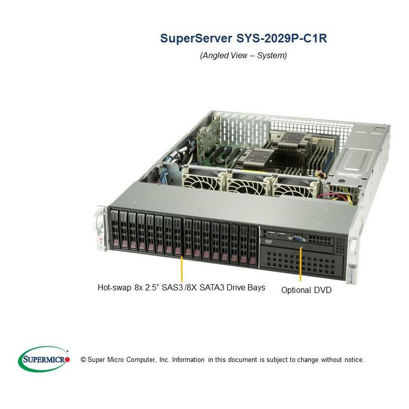 Barebone 2U Rackmount SuperServer, Dual Intel Xeon Scalable Processors Gen. 2, Intel C620 chipset, Up to 4TB 3DS LRDIMM DDR4 ECC 2933Mhz memory, 16 Hot-swap 2.5in drive bays, 2x 1GBase-T ports