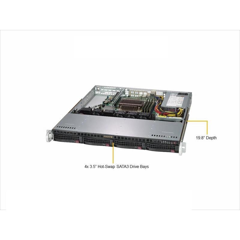 Barebone 1U Rackmount SuperServer, Single Intel Xeon Processor E-2100, Socket H4, Intel C246 chipset, Up to 128GB DDR4 ECC 2666Mhz memory, 4 Hot-Swap 3.5in drive bays, Dual Gigabit Ethernet LAN