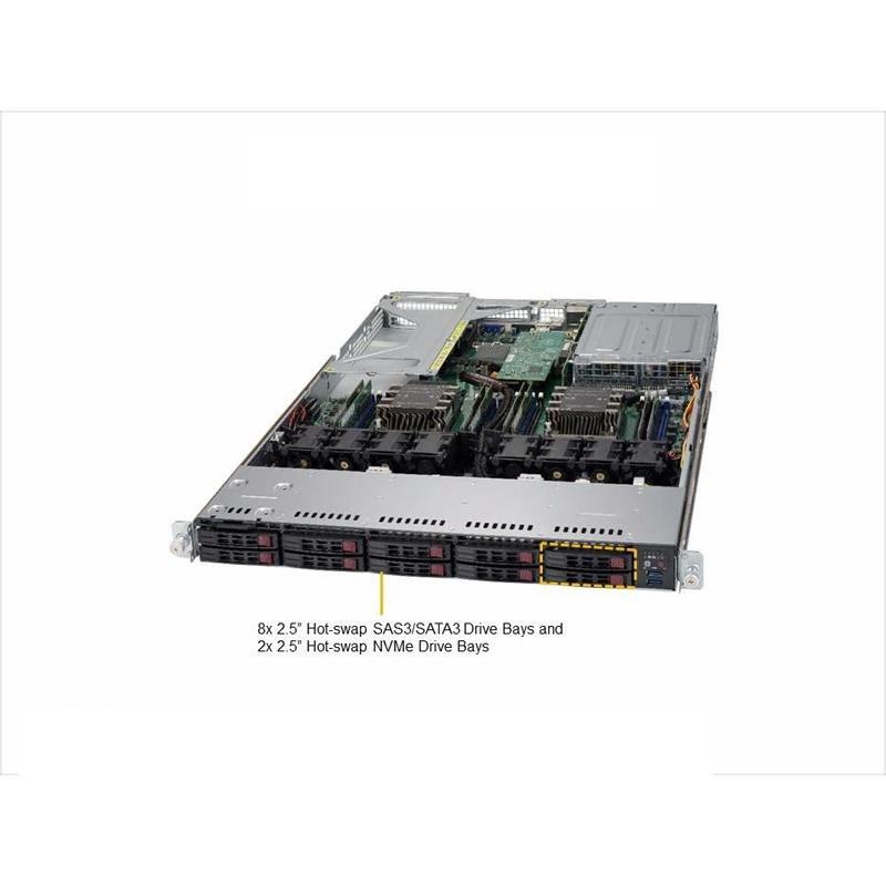 Barebone 1U Rackmount SuperServer, Dual Intel Xeon Scalable Processors (2 Intel Xeon Gold 6244 included), Intel C621 chipset, Up to 4TB DDR4 ECC 2933Mhz memory (12x 16GB DDR4 2933MHz included), 10 Hot-swap 2.5in drive Bays