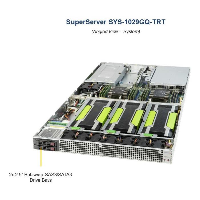Barebone 1U Rackmount GPU/Coprocessor  Dual Intel Xeon Scalable Processors Gen. 2, Intel C621 chipset, Up to 3TB DDR4 ECC 2933MHz memory, 4 onboard SATA3 ports, 2 Hot-Swap, 2 fixed 2.5in drive bays, Dual 10GBase-T LAN ports