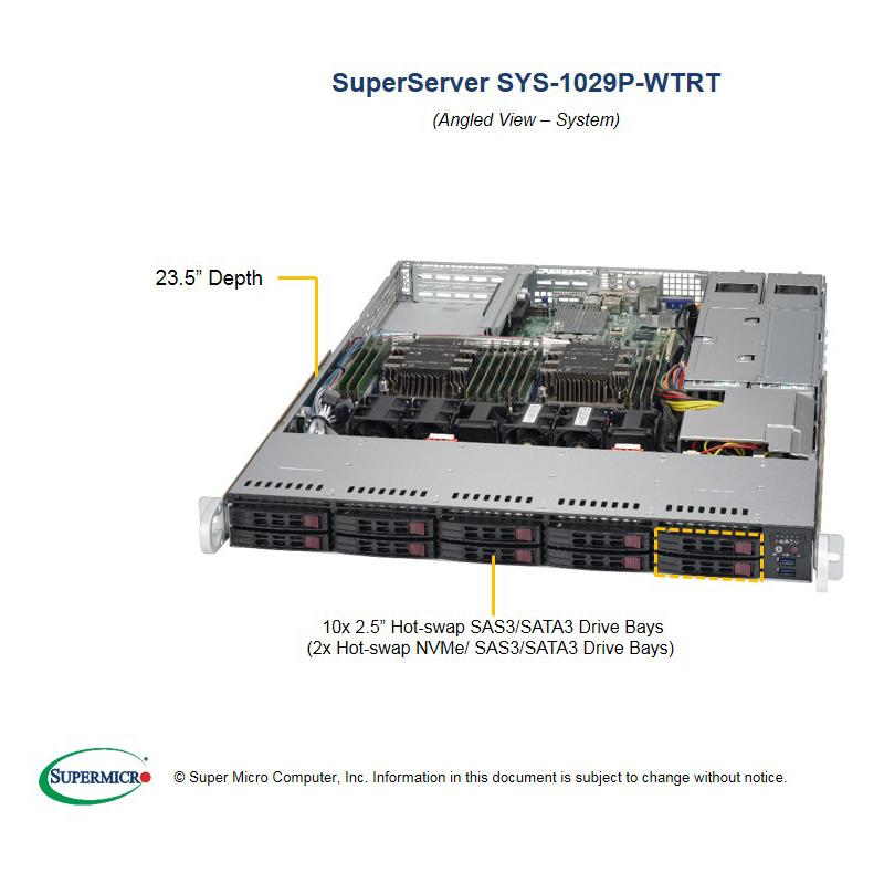 Barebone 1U Rackmount SuperServer, Dual Intel Xeon Scalable Processors Gen. 2, Intel C622 chipset, Up to 3TB DDR4 ECC 2933MHz memory, 10 Hot-swap 2.5in drive Bays, Dual 10GBase-T LAN ports