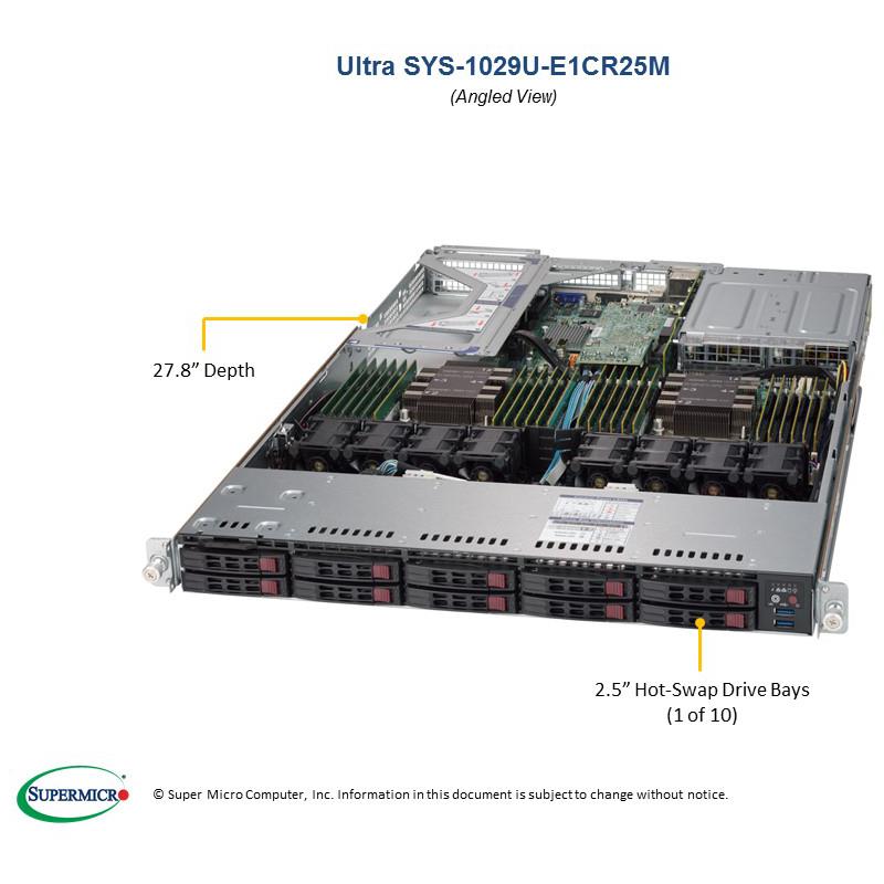 Barebone 1U Rackmount SuperServer, Dual Intel Xeon Scalable Processors Gen. 2, Intel C621 chipset, Up to 6TB DDR4 ECC 2933MHz memory, 10 SAS3 ports support via expander and storage Add-on Cards, 10 Hot-swap 2.5in drive Bays, Dual 25GbE SFP28 ports --- Complete System Only (Must Include CPU, MEM, HDD)