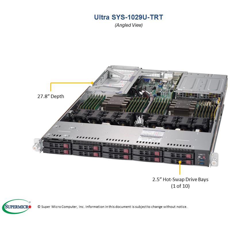 Barebone 1U Rackmount SuperServer, Dual Intel Xeon Scalable Processors Gen. 2, Intel C621 chipset, Up to 6TB DDR4 ECC 2933MHz memory, 8 SAS3 ports support via optional Add-on Card, 10 Hot-swap 2.5in drive Bays, Dual 10GBase-T LAN ports --- Complete System Only