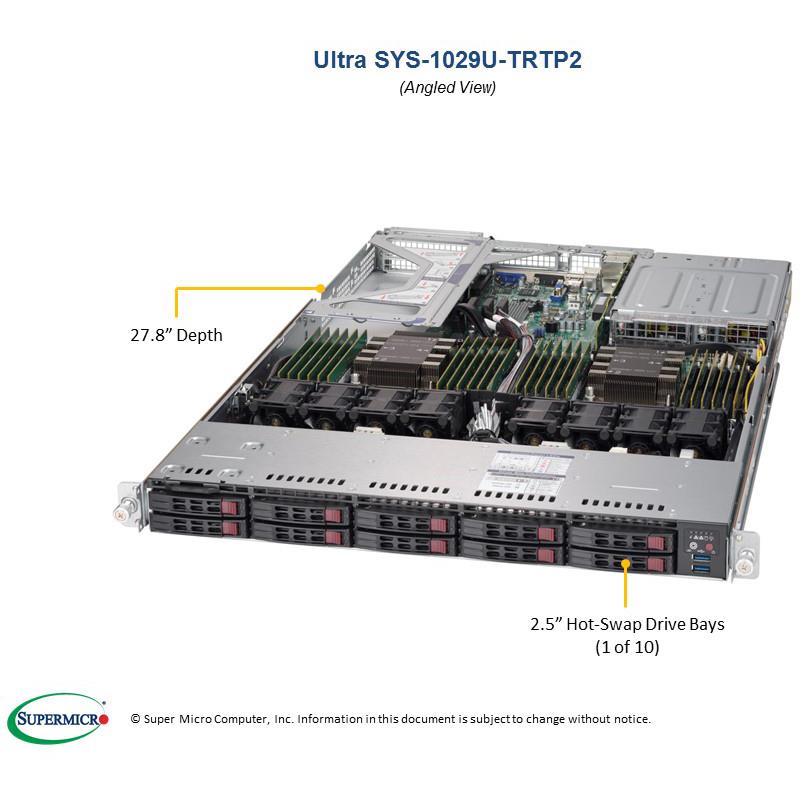 Barebone 1U Rackmount SuperServer,  Dual Intel Xeon Scalable Processors Gen. 2, Intel C621 chipset, Up to 6TB DDR4 ECC 2933MHz memory, 10 SAS3 ports support via optional Add-on Card, 10 Hot-swap 2.5in drive Bays, Dual 10G SFP+ and 2 1GbE ports --- Complete System Only (Must Include CPU, MEM, HDD)