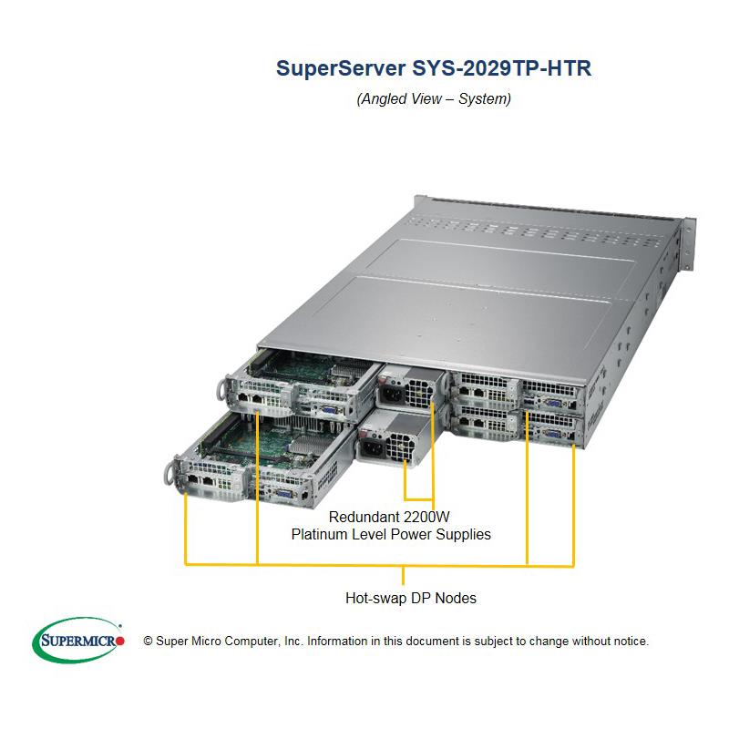 Barebone 2U Rackmount SuperServer, 4 Hot-pluggable nodes, Each node supports Dual Intel Xeon Scalable Processors Gen. 2, Intel C621 chipset, Up to 4TB DDR4 ECC 2933MHz memory,  6 Hot-swap 2.5in drive bays, Flexible Networking support via SIOM