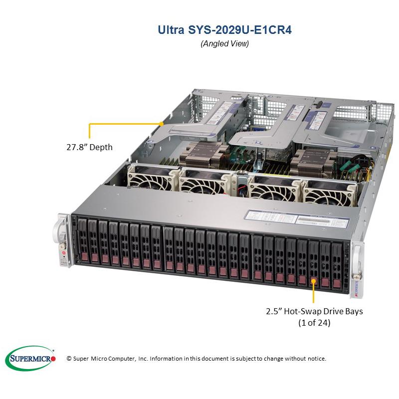 Barebone 2U Rackmount SuperServer,  Dual Intel Xeon Scalable Processors Gen. 2, Intel C621 chipset, Up to 6TB DDR4 ECC 2933MHz memory, SAS3 (12Gbps) via expander + Broadcom 3108/3008 AOC, 24 Hot-swap 2.5in drive bays, 4x 1GbE LAN ports --- Complete System Only (Must Include CPU and MEM)