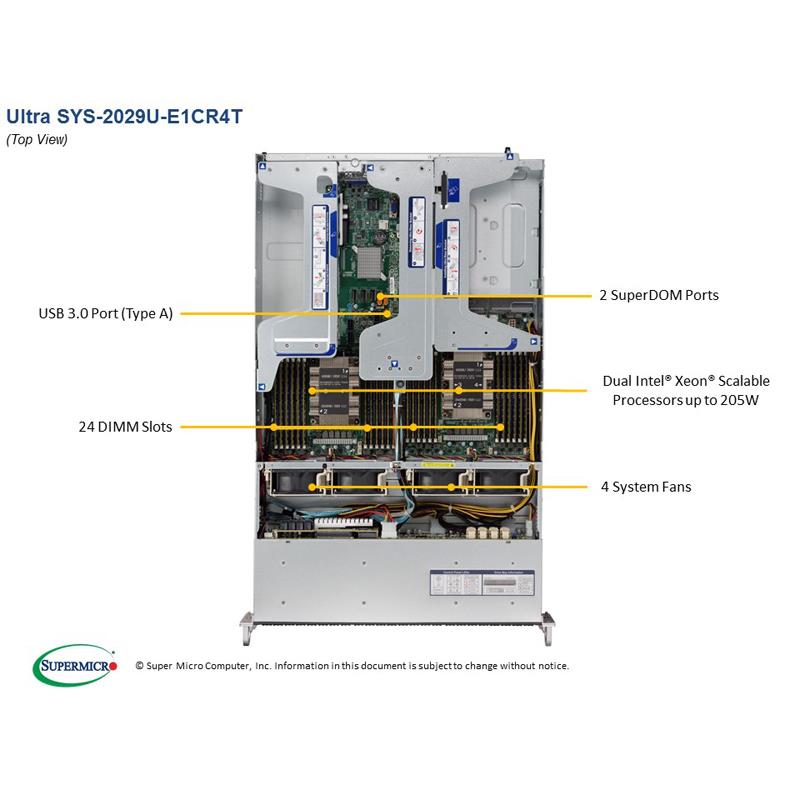 Barebone 2U Rackmount SuperServer, Dual Intel Xeon Scalable Processors Gen. 2, Intel C621 chipset, Up to 6TB DDR4 ECC 2933MHz memory, SAS3 (12Gbps) via expander + Broadcom 3108/3008 AOC, 24 Hot-swap 2.5in drive bays, 4x 10GBase-T ports --- Complete System Only (Must Include CPU and MEM)