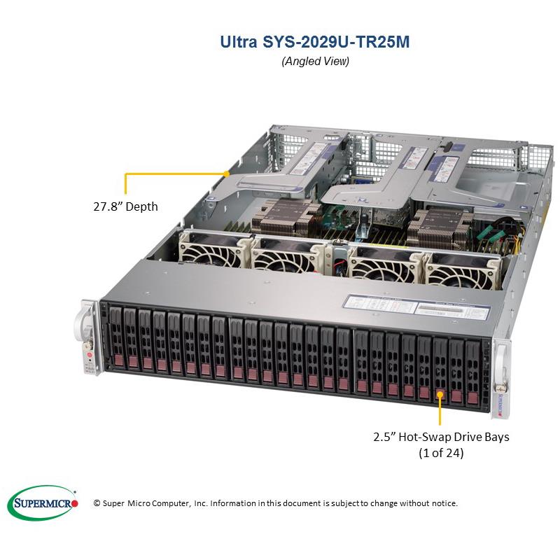 Barebone 2U Rackmount SuperServer, Dual Intel Xeon Scalable Processors Gen. 2, Intel C621 chipset, Up to 6TB DDR4 ECC 2933Mhz memory, 24 Hot-swap 2.5in drive bays, Dual 25GbE SFP28 ports --- Complete System Only (Must Include CPU and MEM)