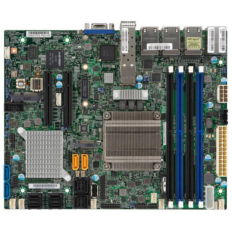 Barebone 1U Rackmount SuperServer, Single Intel Xeon Processor D-1537, System On Chip, Up to 128GB DDR4 ECC 2133Mhz memory, Broadcom 2116 (IT mode) SW controller, 4 Hot-swap 3.5in drive bays Dual 10G SFP+ from D-1500 SoC, Dual 1GbE with Intel I210