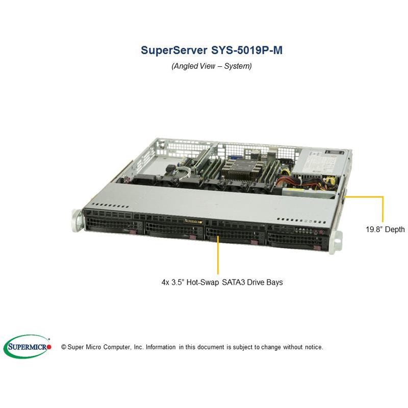 Barebone 1U Rackmount SuperServer, Single Intel Xeon Scalable Processors Gen. 2, Intel C621 chipset, Up to 1.5TB DDR4 ECC 2933MHz memory,  4 Hot-Swap 3.5in drive bays, Dual Gigabit Ethernet LAN