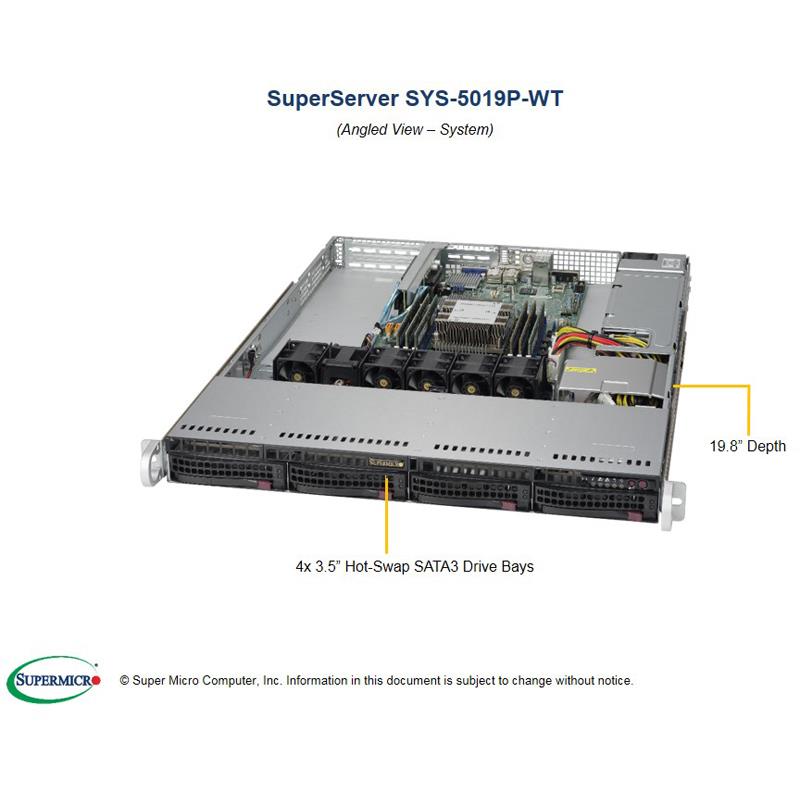 Barebone 1U Rackmount SuperServer, Single Intel Xeon Scalable Processors Gen. 2, Intel C622 chipset, Up to 1.5TB DDR4 ECC 2933MHz memory, 4 Hot-Swap 3.5in drive bays, Dual 10GBase-T LAN