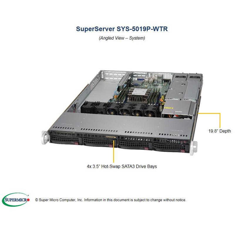 Barebone 1U Rackmount SuperServer, Single Intel Xeon Scalable Processors Gen. 2, Intel C622 chipset, Up to 1.5TB DDR4 ECC 2933MHz memory, 4 Hot-Swap 3.5in drive bays, Dual 10GBase-T LAN ports