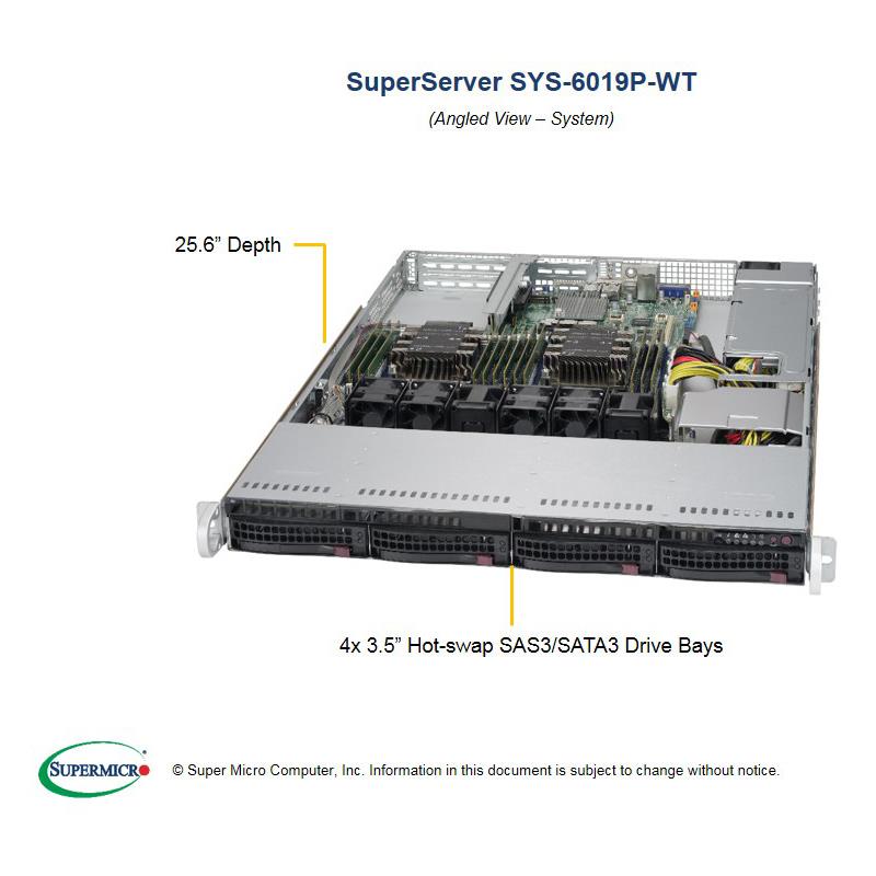 Barebone 1U Rackmount SuperServer, Dual Intel Xeon Scalable Processors Gen. 2, Intel C621 chipset, Up to 3TB DDR4 ECC 2933MHz memory, 4 Hot-swap 3.5in drive bays