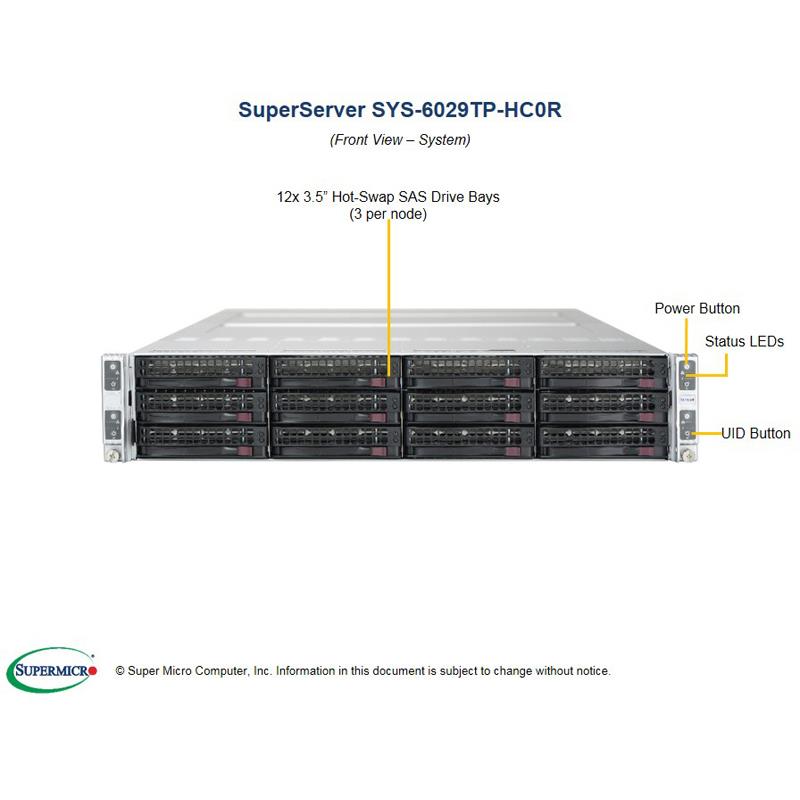 Barebone 2U Rackmount SuperServer, 4 Hot-pluggable Nodes, Each node supports, Dual Intel Xeon Scalable Processors Gen. 2, Intel C621 chipset, Up to 4TB DDR4 ECC 2933MHz memory Broadcom 3008 SAS3 controller, 3 Hot-swap 3.5in drive bays (Must bundle with at least one SIOM network card)