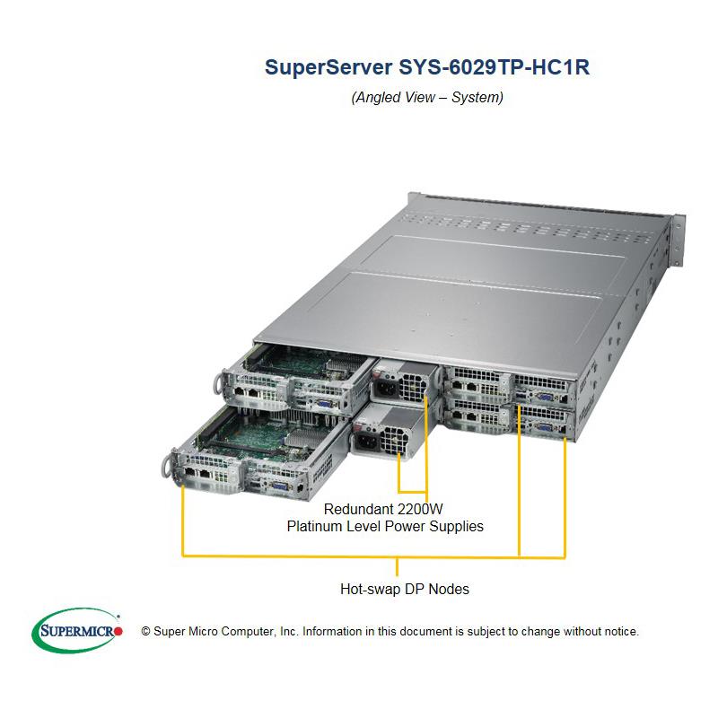 Barebone 2U Rackmount SuperServer, 4 Hot-pluggable Nodes, Each node supports, Dual Intel Xeon Scalable Processors Gen. 2, Intel C621 chipset, Up to 4TB DDR4 ECC 2933MHz memory Broadcom 3108 SAS3 controller, 3 Hot-swap 3.5in drive bays (Must bundle with at least one SIOM network card)