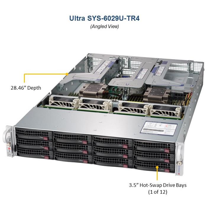 Barebone 2U Rackmount SuperServer, Dual Intel Xeon Scalable Processors Gen. 2, Intel C621 chipset, Up to 6TB DDR4 ECC 2933Mhz memory, 8 SAS3 + 4 SAS3/NVMe, 12 Hot-swap 3.5in drive bays, 4 GbE ports --- Complete System Only (Must Include CPU, MEM and HDD)