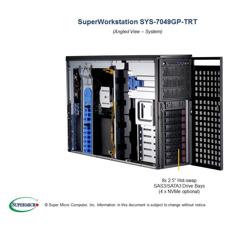 Barebone 4U Rackmountable Tower SuperServer, Dual Intel Xeon Scalable Processors Gen. 2, Intel C621 chipset, Up to 4TB DDR4 ECC 2933MHz memory, 8 Hot-swap 3.5in drive bays