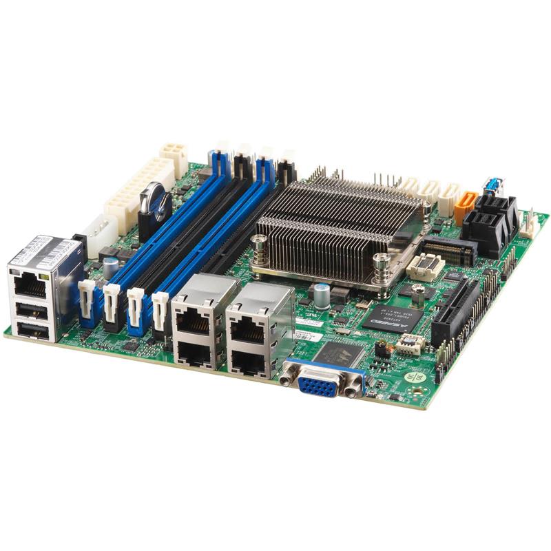 Supermicro A2SDI-8C-HLN4F-O Motherboard Intel Atom Processor C3758, FCBGA1310 2-Core, 9W Single Socket Up to 128GB ECC DDR4-2400MHz, Up to 64GB Unbuffered ECC/Non-ECC DDR4-2400MHz, 12V DC power input, 12 SATA3 (6 Gbps) ports, 4 x GbE LAN ports I/O: 1 x VGA, 1 x COM, TPM header