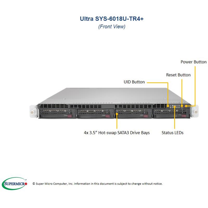 Server 1U Rack for Intel Xeon processor E5-2600 v3 family - Up to 1.5TB DDR4 ECC LRDIMM - SATA3 6Gbps / RAID, IPMI, 4x Gigabit LAN, VGA, 4x 3.5in Hot-swap drive bays, 2x Riser Cards, 1x AOC-UR-i4G, 2x Heatsinks, 2x 750W Power Supply --- Complete System Only (Must Include HDD)