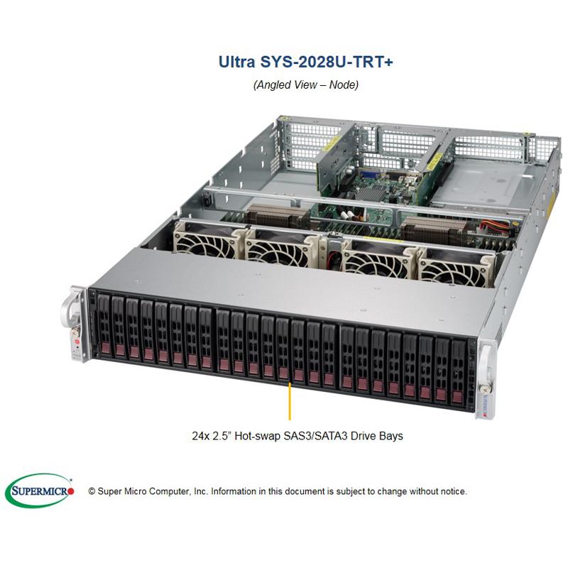 Server Rackmount 2U for Dual Intel Xeon processor E5-2600 v4/v3 family, up to 1.5TB DDR4, SATA3, IPMI, 2x 10GBase-T LAN, VGA, 24x 2.5in Hot-swap drive bays, 2x Riser Cards, 1x AOC-2UR68-i2XT, 2x Heatsink, Redundant 80+ Titanium Power Supply