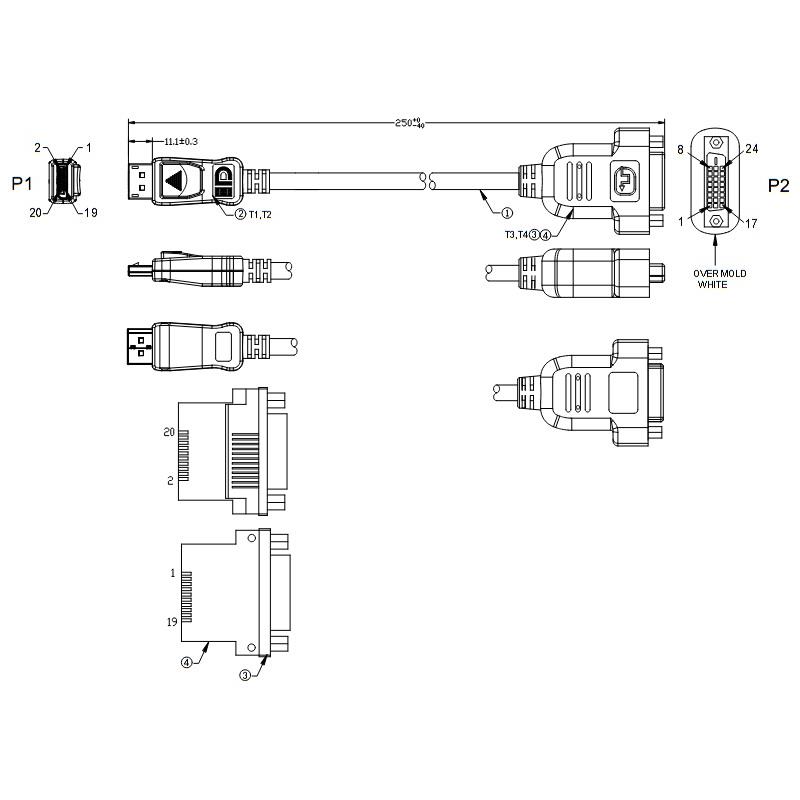 Supermicro CBL-OTHR-0900 External Display Cable DVI to DisplayPort 9.84in (25CM)