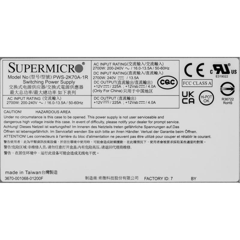 Supermicro PWS-2K70A-1R 1U 2700W Redundant 80 Plus Titanium Power Supply With PMBus 1.2 Support