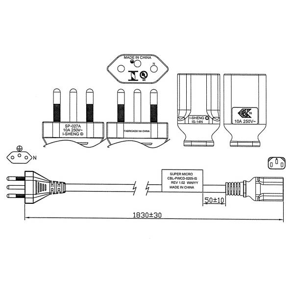 Supermicro CBL-PWCD-0205-IS Brazil Power Cord Connector NBR14136 to IEC60320 C13 1.8M