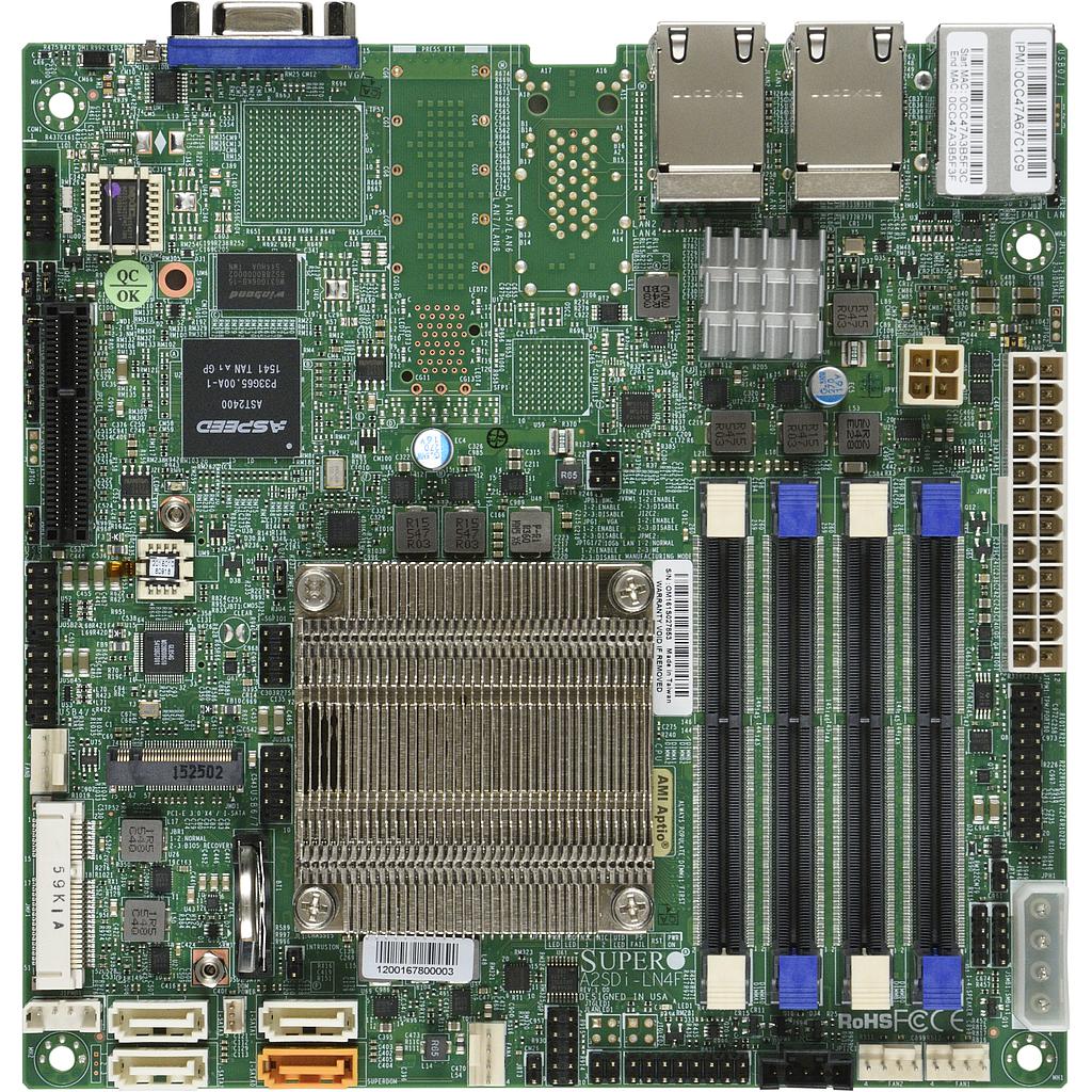 Supermicro A2SDI-LN4F-O Motherboard Intel Atom Processor C3850, 1 VGA port SOC Controller Quad LAN with Intel Ethernet Controller I350-AM4 1GbE