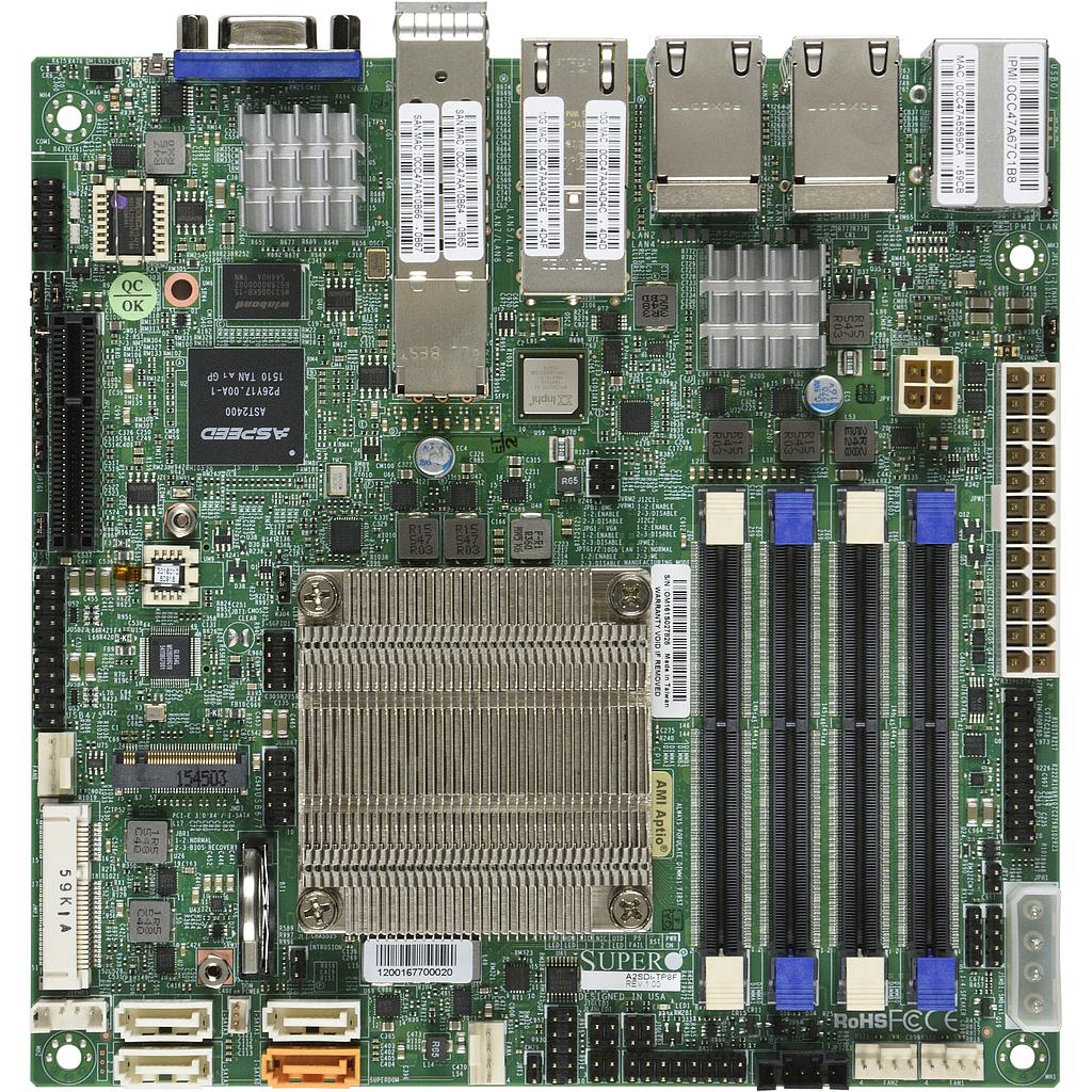 Supermicro A2SDI-TP8F-O Motherboard Atom Processor C3858, 1 x VGA port SOC Controller Quad LAN with Intel C3000 SoC, 2 x 10GBaseT