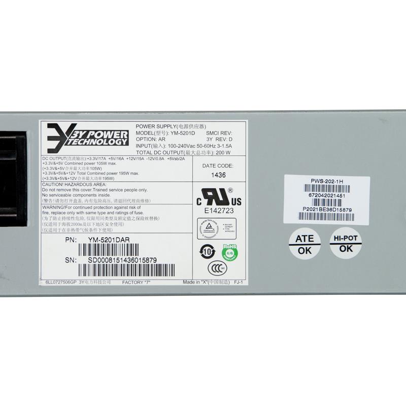 Supermicro PWS-202-1H 1U 200W Power Supply with Standard Harness Output