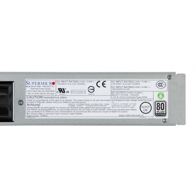 Supermicro PWS-407P-1R 1U 400W Redundant 80 Plus Platinum AC-DC Power Supply