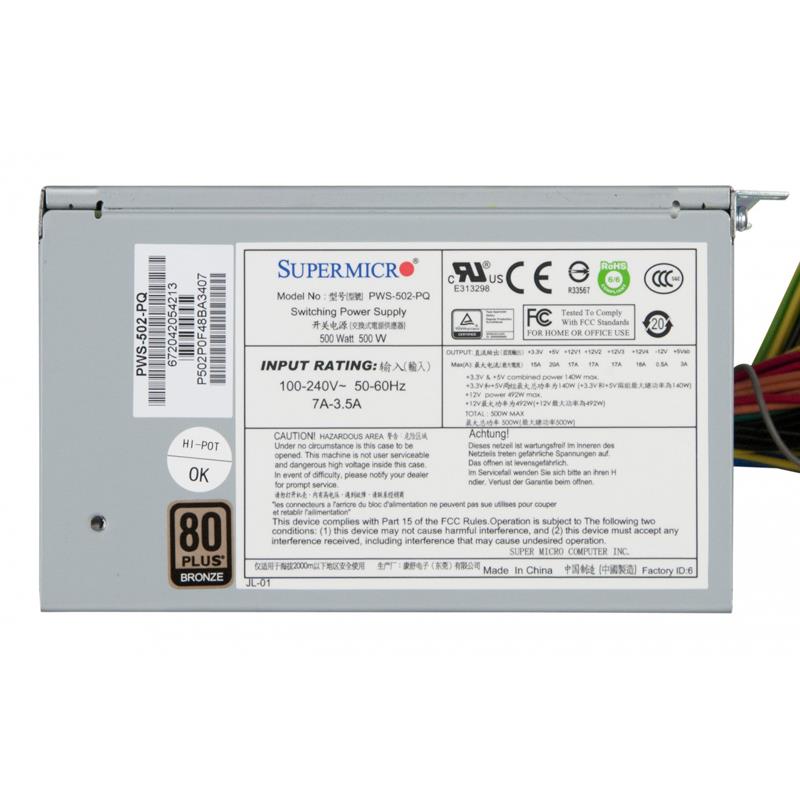 Supermicro PWS-502-PQ 500W 80 Plus Bronze High-efficiency PS2 Power Supply 