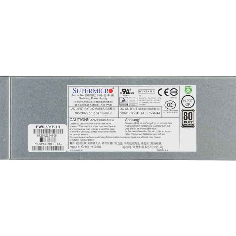 Supermicro PWS-501P-1R Power Supply 500W 80 Plus Platinum Certified w/ PFC, PM Bus
