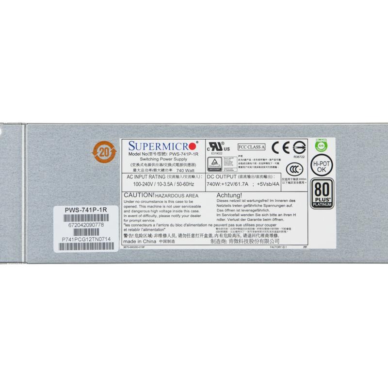 Supermicro PWS-741P-1R 1U 740W 80 Plus Platinum Power Supply With PMBus 1.2 Support