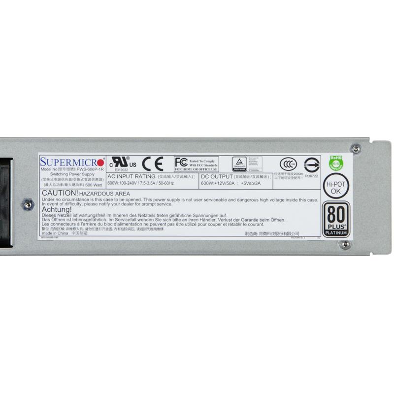 Supermicro PWS-606P-1R 600W 80 Plus Platinum Level Power Supply With PMBus 1.2 Support