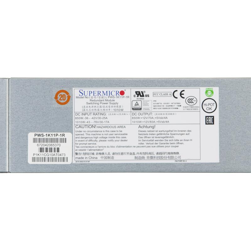 Supermicro PWS-1K11P-1R 1U 1000W DC Input Power Supply Module 