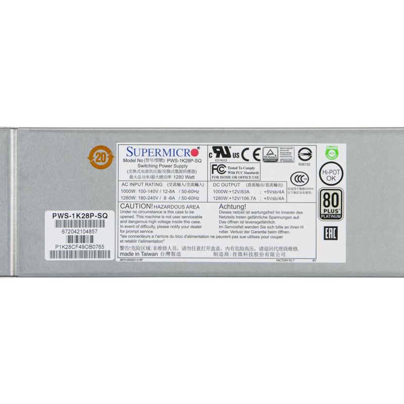 Supermicro PWS-1K28P-SQ 1280W/1000W Redundant 80 Plus Platinum Power Supply 