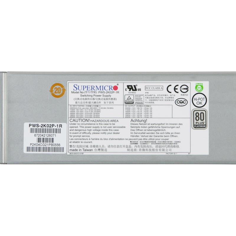 Supermicro PWS-2K02P-1R 2000W Platinum Power Supply Module With PFC And PMBus