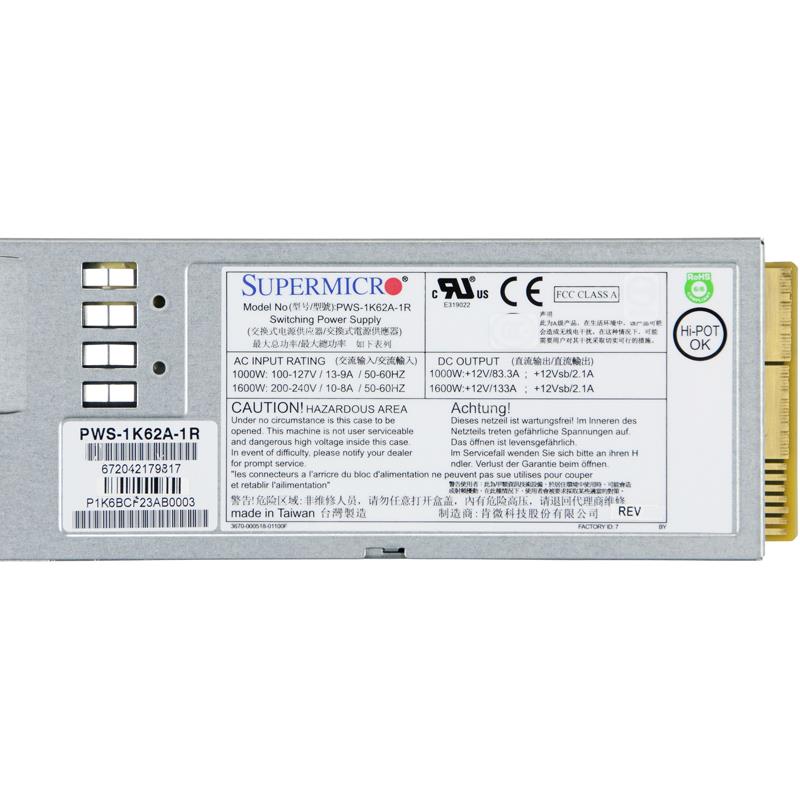 Supermicro PWS-1K62A-1R 1U 1620W 80 Plus Titanium AC-DC Power Supply
