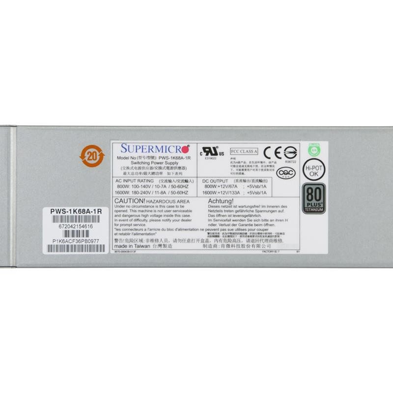 Supermicro PWS-1K68A-1R 1U 1600W 80 Plus Titanium Power Supply