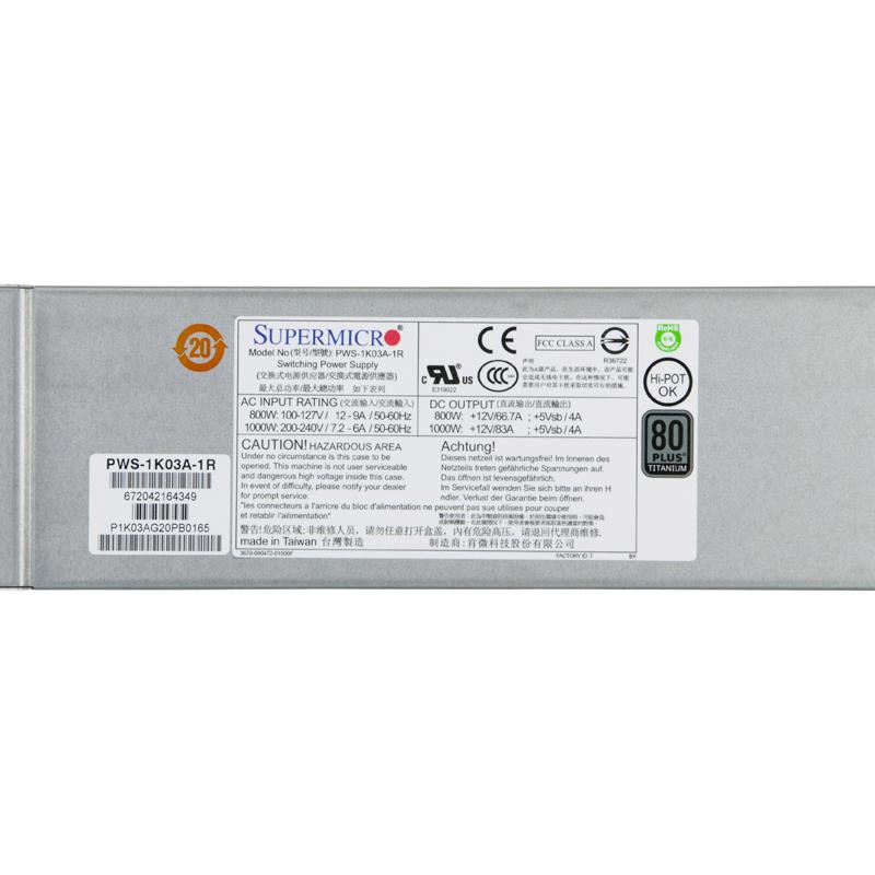 Supermicro PWS-1K03A-1R Power Supply 1U 1000W 80 Plus Titanium Certified, Redundant w/ PMBus     